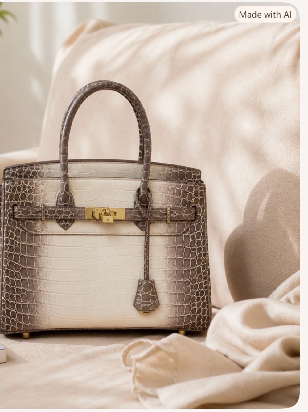 Luxury Two-Tone Croc-Embossed Top-Handle Bag in Cream and Taupe